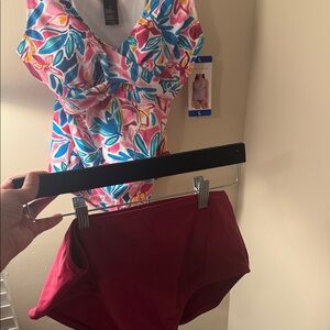 kathy ireland Floral Multicolor One-Piece Swim with Maroon High-Waist Bottoms